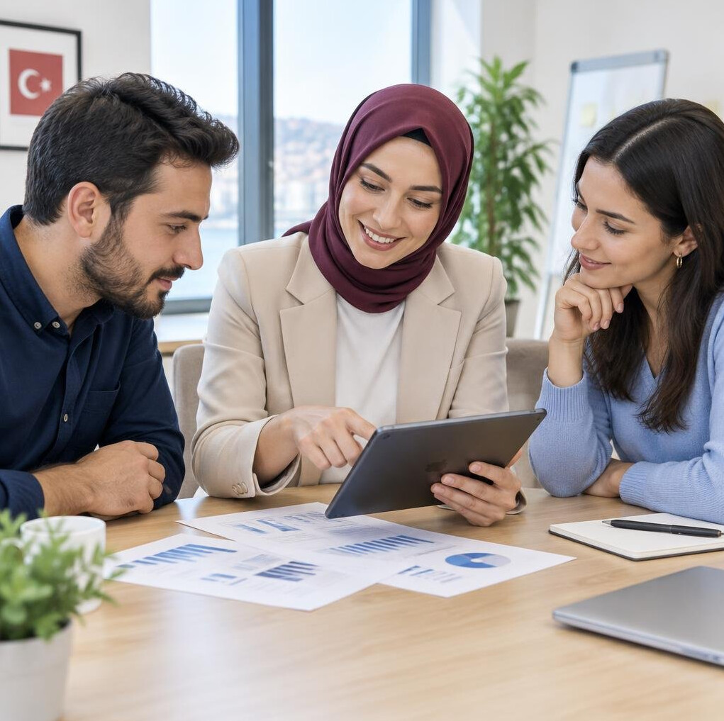 Turkish mentors and clients reviewing results together in a meeting room