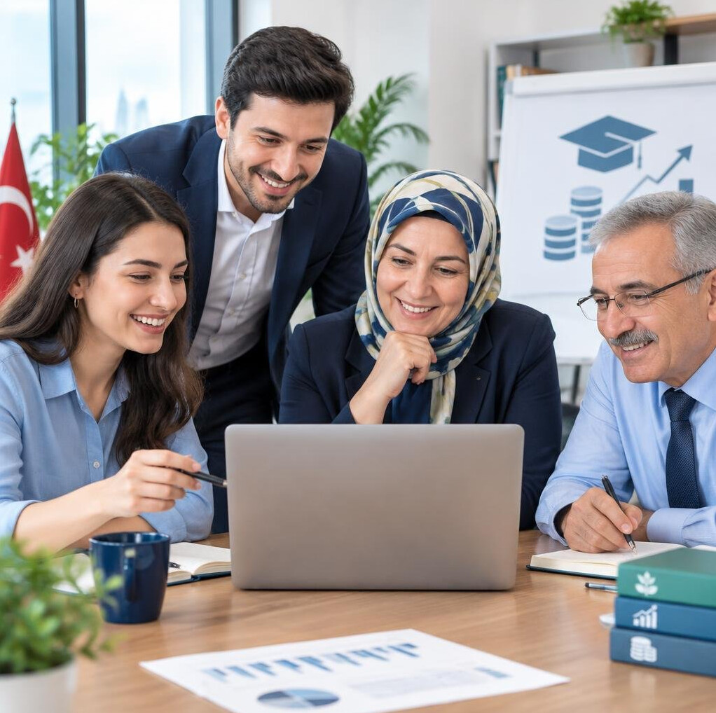 Turkish colleagues discussing a plan together around a laptop