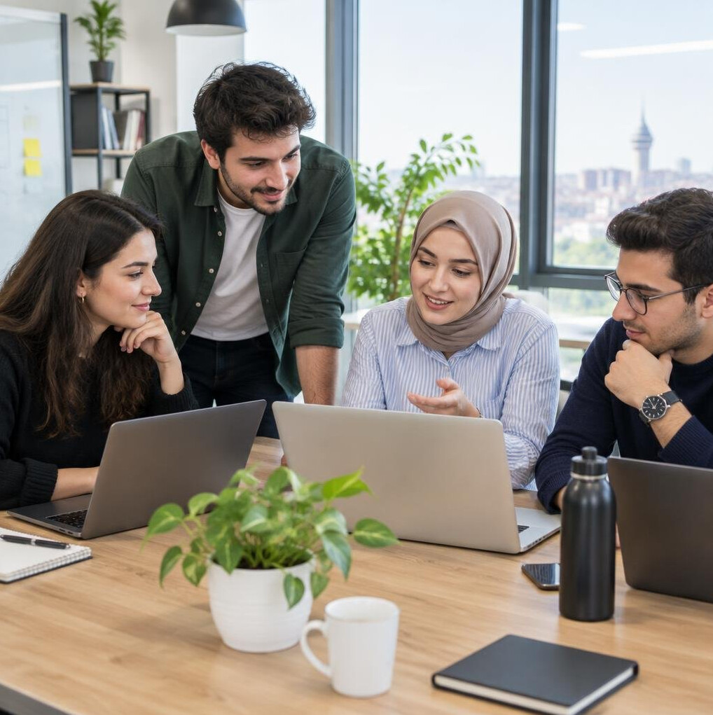 Turkish team members working together with laptops in a bright office