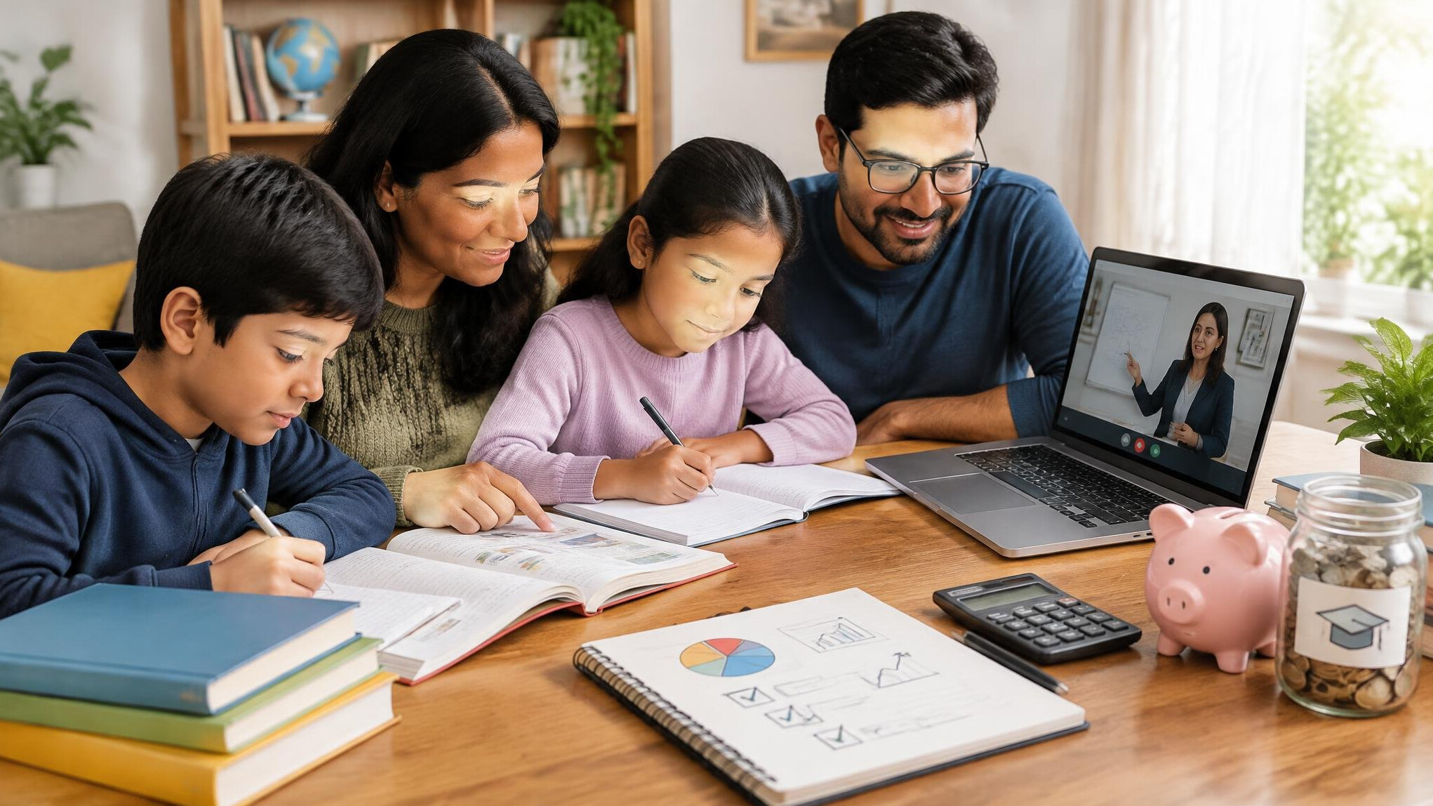 family studying together at home