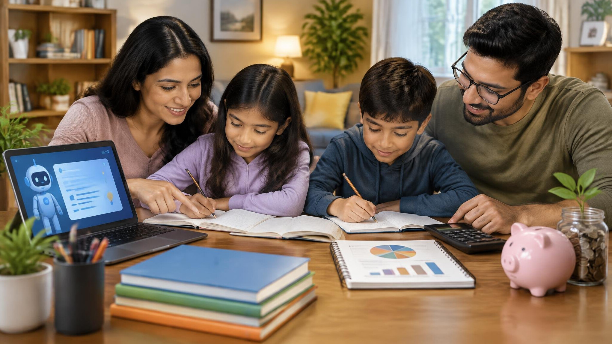 family studying together at home